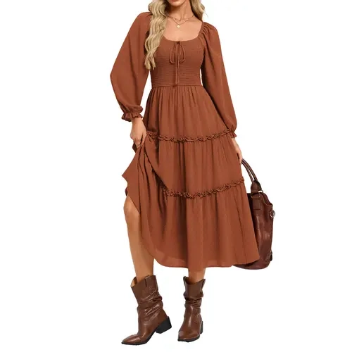 Grace Karin Women's Long Sleeve Polyester A-Line U-Neck Smocked Bodice Tiered Midi Dress - Casual Pull-On with Pockets, Agaric Lace, Non-Stretch, Soft & Comfortable