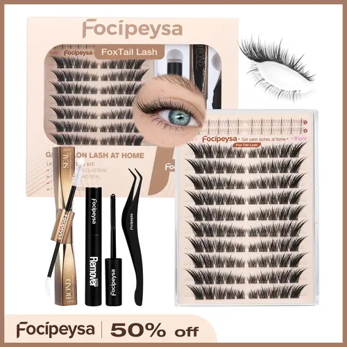 Focipeysa Fox Eye Eyelash Clusters - LC Curl Foxtail Thick Dramatic Clusters Lashes, Waterproof, Ultra-Dense, All-Day Hold, Beginner-Friendly DIY D-Curl, Suitable for 2 Makeup Styles