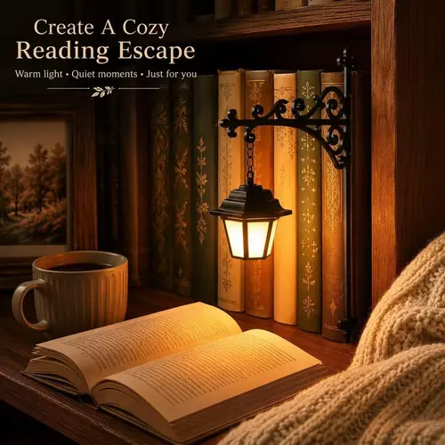 Miniature Hanging Shelf Lamp - Warm LED Nightlight, Decorative Lights, Lanterns, Compact Room Fit, Whimsical Home Decor, Bookshelf Accent for Book Enthusiasts, Halloween Decor (Batteries Required)