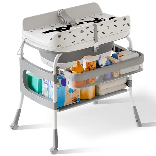 2-in-1 Baby Changing Table & Bath Tub Foldable with Storage Wheels Smart Temp Display Safety Belt Multifunctional Newborn Changing Table, backtoschool, glowup