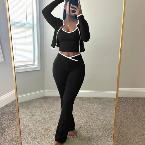 USBOUTIQUE CHIC Women’s 2026  3 Piece Activewear Set White Piping Cropped Jacket + Scoop Cami Top & Crisscross Waist Flare Leggings Lounge Outfit