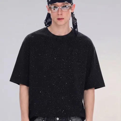 Unisex Sequined Round Neck Shortsleeve Cotton Tshirt - Y2K Streetwear, Galaxy-Inspired, Loose-Fitting Casual Oversized Menswear Top for Spring Summer