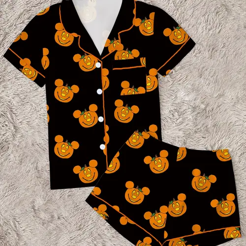 【Halloween】 Women's Halloween Cartoon Print Pajama Set, Cute Funny Sleepwear Pajamas, Loungewear, 2-Piece Short Sleeve, Fitted, Above the Knee, All Seasons Gift