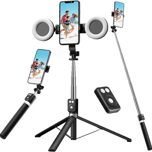 【DealsForYouDays】Plastic Selfie Stick Tripod with 2 Fill Lights, 66.9in Rechargeable Mobile Holder, Bluetooth Remote, 360° Rotation, Live Streaming Accessory, Smartphone Camera Accessory, Tripod for iPhone, Vlogging Equipment