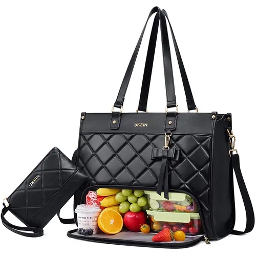 UKEIN Women's Coquette Quilted PU Leather Lunch Tote - Insulated, Leakproof, Waterproof, Durable, with Zipper, Adjustable Strap, Tote Shape for Food, Work, Daily Use | Back to School Essential