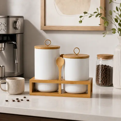 Ceramic Kitchen Canister Set with Bamboo Stand