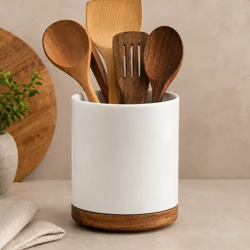 Ceramic Utensil Holder with Bamboo Base