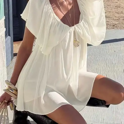 Sexy Deep V Backless Chiffon Dress Elegant Daily Wear Women Ruffles Club Party Solid Mini Dress