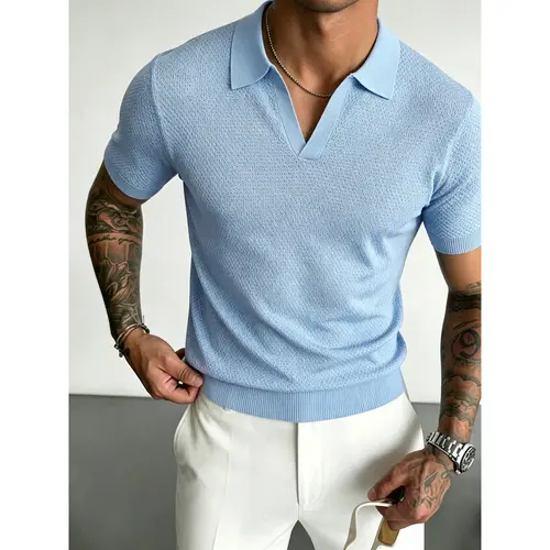 Lightweight perforated knit polo tee featuring clean V-neck lapel design and neat ribbed cuffs & hem, soft skin-friendly fabric versatile piece for polished smart casual urban mensfashion styling