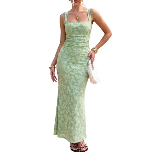 BORIFLORS Women's Elegant Floral Embroidery Square Neck Mermaid Hemline Maxi Dress - Summer Wedding Guest Dress, Sleeveless Ruched Bodycon Cocktail Party Gown, Double-Lined Formal Homecoming Dress 2026 Casual Womenswear Sexy Flared Hem Long Dress