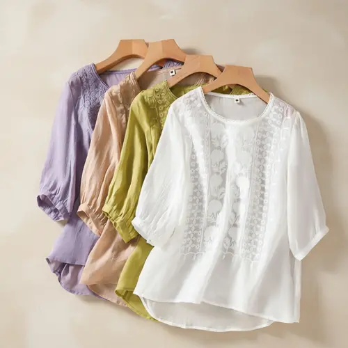 Women's Casual Vintage Blouse, Lightweight Summer Top with Intricate Embroidery, Breathable Cotton-Linen Blend, Loose Fit, Round Neck, Mid-Length Sleeves