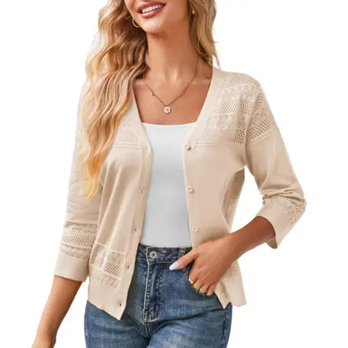GRACE KARIN Women's 2026 Cropped Cardigan 3/4 Sleeve Lightweight Crochet Shrug Hollowed-Out Knit Sweater Tops,back to school,back to school shopping