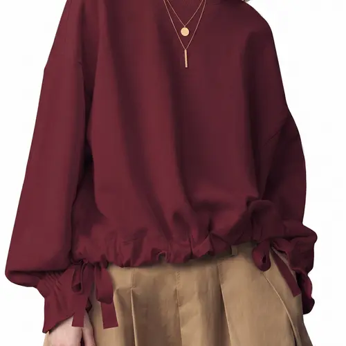 Shewin Women's Round Neck Drawstring Hem Sweatshirt Ruffle Cuff Knot Tie Loose Everyday Casual Pullover,back to school,back to school shopping,clothes for back to school,first day of school outfits