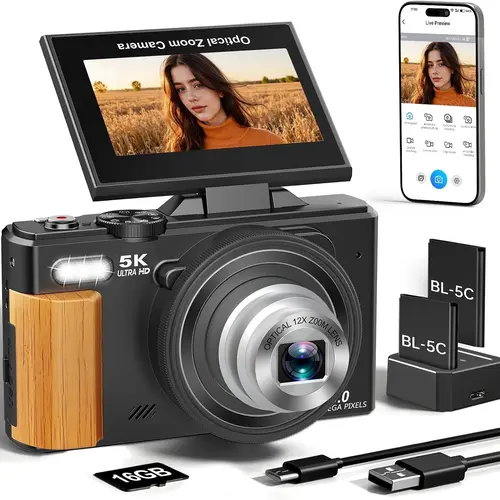 WIKICO 5K Digital Camera, 80MP Digital Camera for Photography with 3" 180° Flip Screen,12X Optical Zoom, Flash, Autofocus Vlogging Camera for YouTube with 2 Batteries & 16GB TF Card, Cam, Usb, Micro Sd