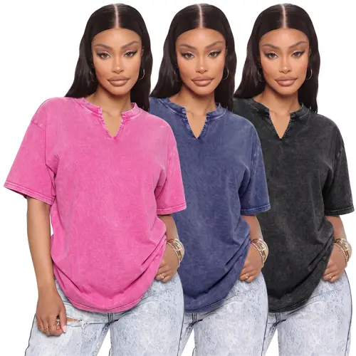 Women’s 3-pack pure cotton vintage washed distressed loose T-shirts featuring a small V-neck slit, short sleeves, and pockets—soft, casual summer streetwear for everyday wear.