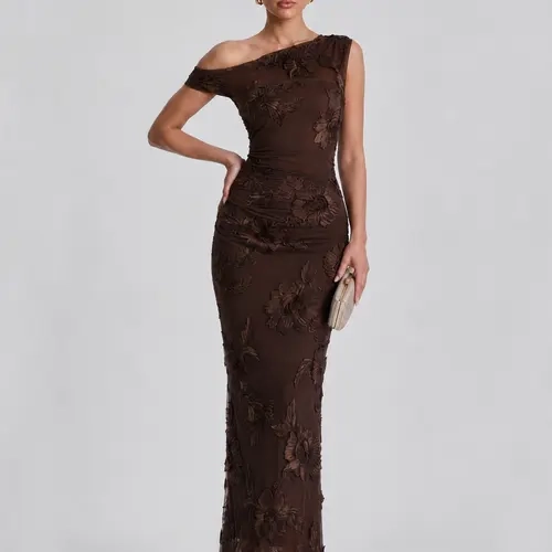 LikeMyChoice 2026 3D Floral Mesh 1-Shoulder Ruched Bodycon Mermaid Maxi Dress, Formal Evening Party Gown