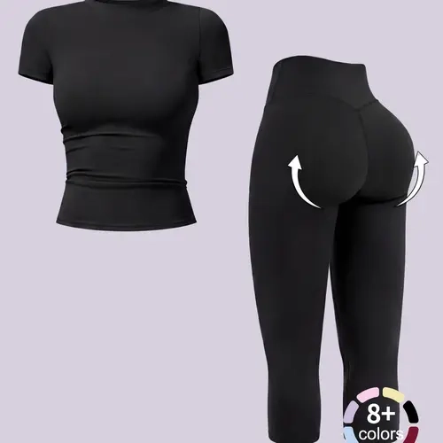 Women's Breathable Body-Shaping Yoga Outfit, Versatile Quick-Dry Fitness Wear, Short Sleeve Top and High-Waisted Capri Leggings Set, Fitted Sportswear Set, Yoga Fit Sets