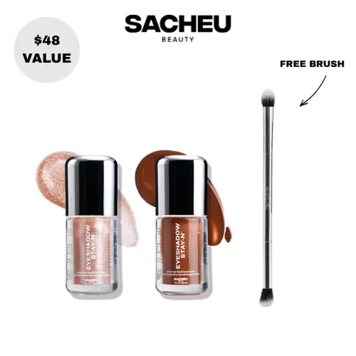 sacheu Eyeshadow Duos | FREE Dual-Ended Eyeshadow Brush Included | Complete Eye Kit | 2x Liquid Eyeshadow STAY-N Buildable, Blendable Formula