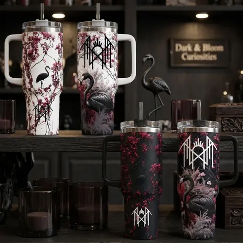 Sleep Token Even In Arcadia Tumbler, Gothic Flamingo - Dark and Bloom Floral 40oz Cup with Handle, Progressive Metal Rock 20oz Stainless Steel Travel Mug, Alt Music Fan Gift, Sleep Token Inspired Insulated Tumbler Featuring Epic Logo Design.