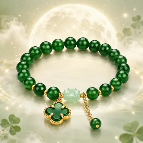 YLNWH Lucky Four-Leaf Clover Green Aventurine Bracelet - Manifest Wealth & Prosperity Crystal Charm