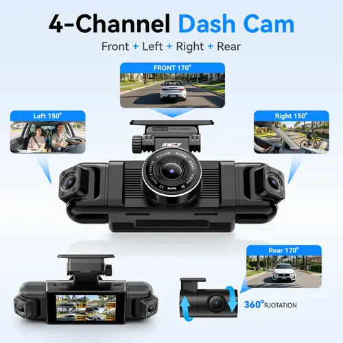 【24/7 Parking Mode Hardwire Kit】IIWEY N5 4-Channel 360 Degree Digital Cam, 24/7 Parking Protection Hardwire Kit with Rotatable Side Cameras, 1080P+8 IR Night Vision, 5G Wi-Fi & App Control, G-Sensor, Free 128GB SD Card, HD Car DVR
