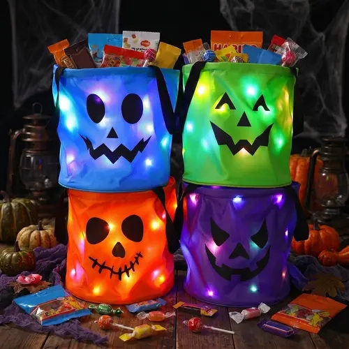 3/4 Pcs Halloween Candy Bucket with LED Lights, 13.39x8.66 Inch Trick or Treat Bags Non Woven Gift Bags Pumpkin Candy Bags Reusable Tote Bags for  Kids Students Adults, Night Light Bags for Garden Lawn Decorations, Halloween Christmas Party Favor Supplies