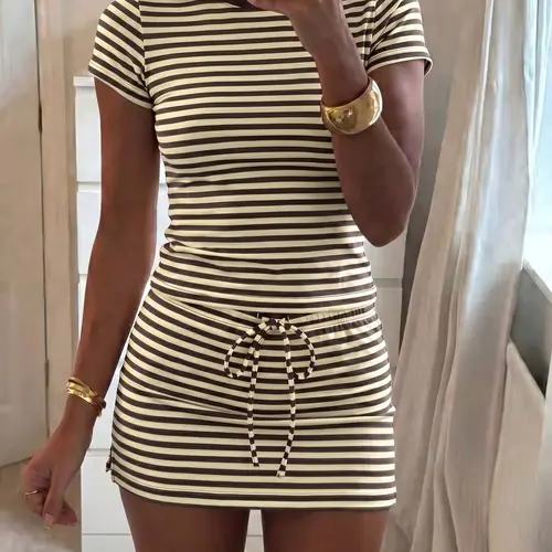 Soft Stretch Striped Casual Two-Piece Set, Slim Fit Short Round Neck T-Shirt & High Waist Adjustable Drawstring Skirt, Versatile Home & Clothes