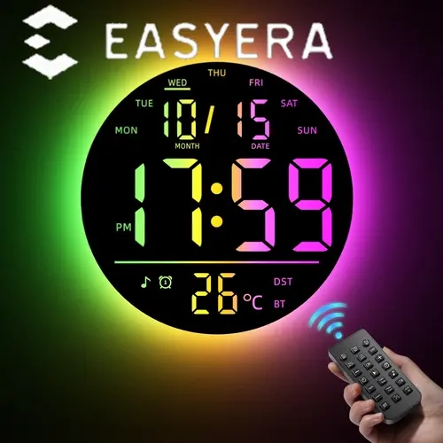 EASYERA 10" RGB Circle Digital Wall Clock with Remote Control, Music-Sync, Round clock with RGB Atmosphere Lights with 11 Scenes Mode, Dual Alarms, Timer Clock for ADHD, Focus Tool, Classroom, Game Decor Goods Auto Dst Adjustment