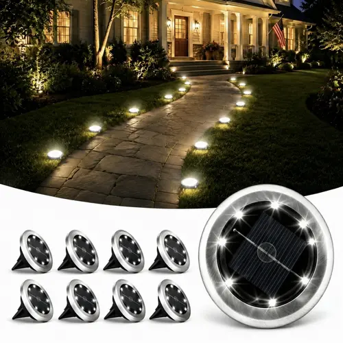 8-Pack Stainless Steel Mini Decorative Solar Ground Lights - Waterproof Outside Patio Lights, Cool White Solar Garden Lamp, 2.4"h×2.9"d, Pre-Installed Batteries, Home Outdoor Garden Lighting for Driveways Festive Decor