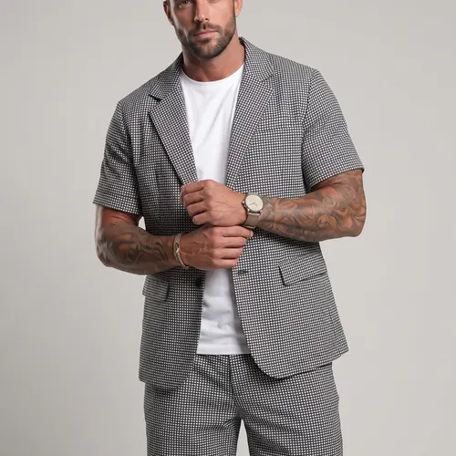 KZZ Men's 2-Piece Fitted Classic Checkered Suit Set - Classy & Contemporary Men's Suits, Peak Lapel Button Blazer, Medium-Length Shorts, Formal Evening Wear, Classy Men's Suits