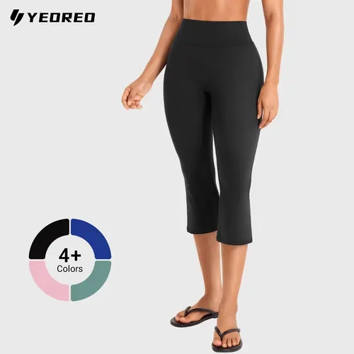 YEOREO Women's High Waisted Stretchy Cropped Flare Capri Leggings - Nylon Blend, Buttery Soft, Hidden Scrunch, Breathable Activewear Bottoms for Yoga, Gym Workouts, Flexible Active Bottoms
