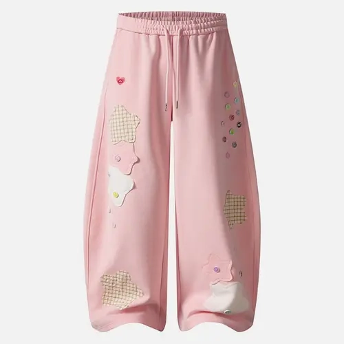Aelfric Eden Star Patch Baggy Barrel Sweatpants High Waist Balloon Barrel Silhouette Star Patchwork & Button Detail Drawstring Elastic Waist Soft Fabric Sweet Girl Streetwear Unisex Bottoms,back to school shopping