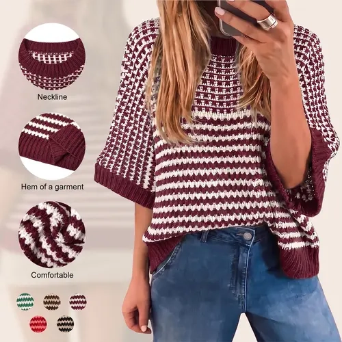 【Christmas Sale】Imily Bela Women's Casual Elbow Sleeve Knit Sweater Two Tone Striped Hollow Out Textured Short Top