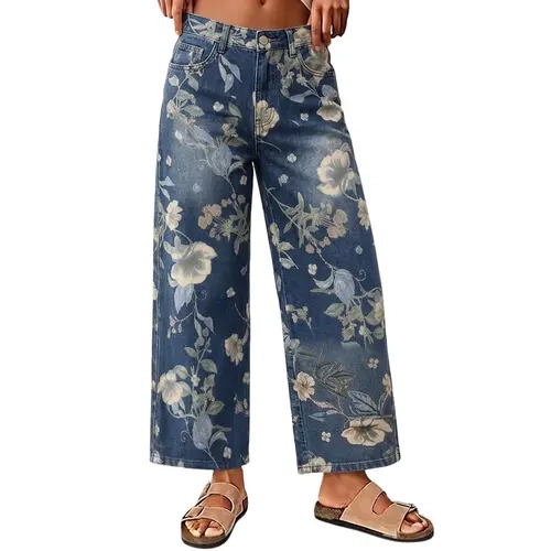 CHOUYATOU Women's Retro Floral Denim Wide-Leg Pants, Boho Clothes for Women with Zip Fly and Pockets for Party, Daily Leisure, Button, Check