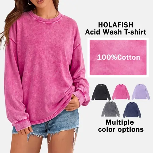 Women’s vintage washed distressed loose long-sleeve sweatshirt, crewneck casual pullover top, soft lightweight basic street-style top for everyday autumn wear