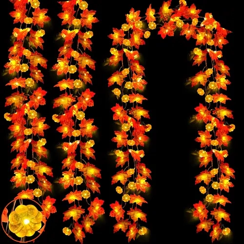 TURNMEON 3-Pack Light Up Garlands - 3-Strands 30ft Long Battery-Operated String Lights, 60 LEDs, 4in Enlarged Natural Imitation Maple Leaves, 3D Pumpkins, Timer, Outdoor Safe, for Halloween Decorations Fall Decor for Home Porch Mantel,home decor