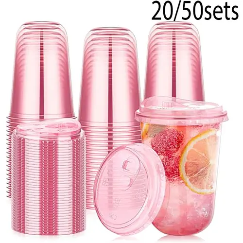 20/50 Sets 16oz Plastic Party Cups with Straw Lid, Disposable Ice Coffee Cups, Round Handleless Base, Perfect for Parties and Events, Disposable Cups with Lids and Straws