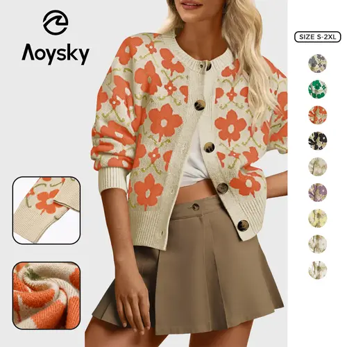 Aoysky Women's Vintage Floral Print Knit Cardigan, Casual Long Sleeve Crewneck Button Down Loose Sweater Top, Knitwear, Longsleeves, Back To School, Thanksgiving,back to school shopping, Cardigan For Women, Crew Neck