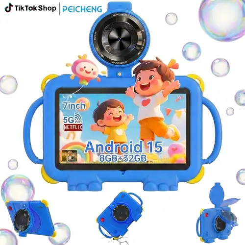 PEICHENG 7-in-1 Portable Kids Learning Tablet for Girls & Boys, Android 15, 8GB (3+5) RAM, 32GB (1TB Expandable) ROM, LCD Touchscreen, Durable Case, Front/Rear Cameras, Audio, Colorful Buttons, Compact Design, USB-C, Halloween Cool Gifts for Kids