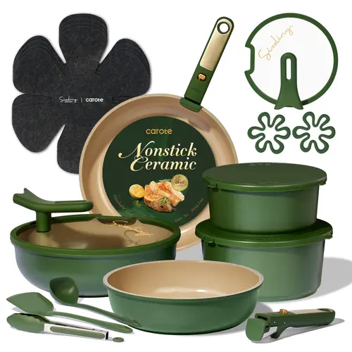 [Official] CAROTE 20Pcs Ceramic Cookware Set Stand-Up Lid with Detachable Handle Set, Non Stick Pots and Pans Set Non Toxic, PFAS Free