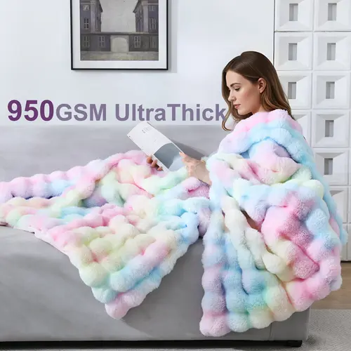【Back to School】DOWNCOOL 950GSM Faux Fur Bubble Throw Blanket, All Season Soft Luxury Faux Rabbit Fur Mink Plush Throw for Couch, Sofa and Bed, Soft Fluffy Fuzzy Cozy Blanket Rainbow print, #dealsforyoudays #Summerwins, Room Decor, Family, 950Gsm Thick