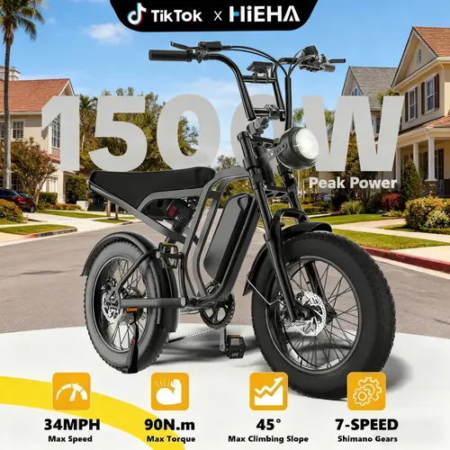 【Deal Dad Exclusive 】【Hieha】1500W Peak Motor Electric Bike – 34 MPH Range 30-70 Miles, 48V Removable Battery, Dual Suspension & Fat Tires for Off-Road & City Adventures, Turn Signals & Brake Light for Safety