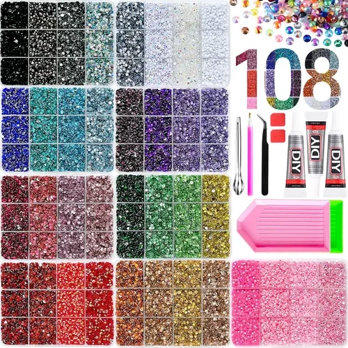 1Set 108 Colors Shiny Silver Flatback AB Bedazzling Rhinestones Kit Nail Art Supply Hot Sale 3mm Multi-colors Jelly Crystal Diamond with Tools DIY Backpack Eatch Lipstick Nails Storage Box