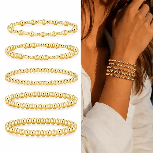 17KM 5PCS Gold Beaded Bracelets for Women, Waterproof Stretch Ball Bead Bracelet Stack, Adjustable Stackable Jewelry for Beach, Vacation & Everyday Wear