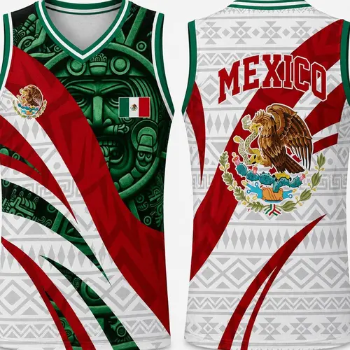 Mexico Flag Basketball Jersey, Unisex Sleeveless V-Neck Tank Top with Aztec Pattern and Eagle Emblem for Fan Streetwear, S, Mexico Jersey, Unisex Adult, V Neck Sleeveless, Sleeveless Cut Keeps Workouts Breezy