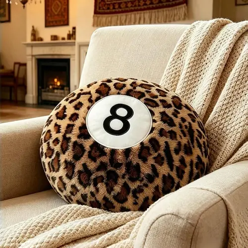 1 Pc Trendy Leopard Print 8-Ball Round Throw Pillow, Cozy Y2K Preppy Decorative Cushion for Bed & Couch, All-Season Room Decor, Holiday Gift for Friends & Family
