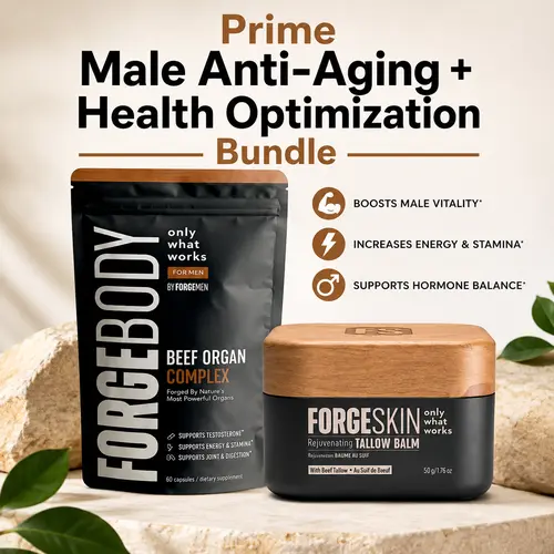 Prime Male Anti-Aging + Health Optimization Bundle : Forge Skin Wrinkle Defense Beef Tallow Balm Moisturizer + FORGEBODY Beef Organ Complex Capsules Supplement for Body & Brain Function