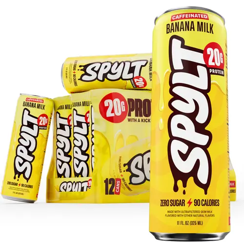 SPYLT High Protein Caffeinated Banana Milk Beverage - 20g Protein, 60mg Caffeine, 90 Calories, Sugar Free, Lactose Free, Workout Recovery Drinks, 12 Count