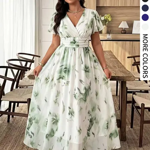 Plus Size Elegant Feminine Floral A-Line Dress, Ruffle Short Sleeves, Lightweight Flowy Skirt, Perfect for Parties, Dates, Weddings, Summer Wedding Guest Dresses