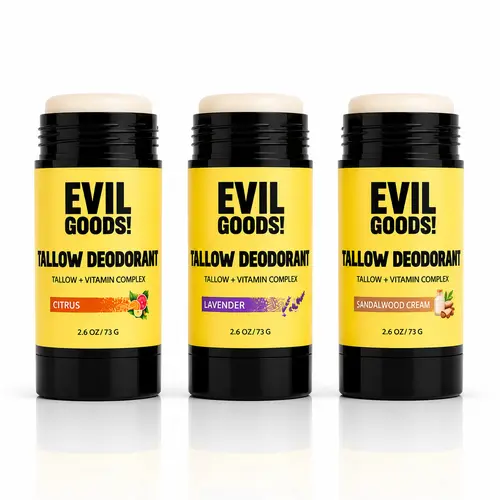 EVIL GOODS! 3-PACK Natural Tallow Deodorant with Grass-Fed Beef Tallow & Kaolin Clay – Aluminum-Free Deodorant Stick for Everyday Freshness – 2.6 oz